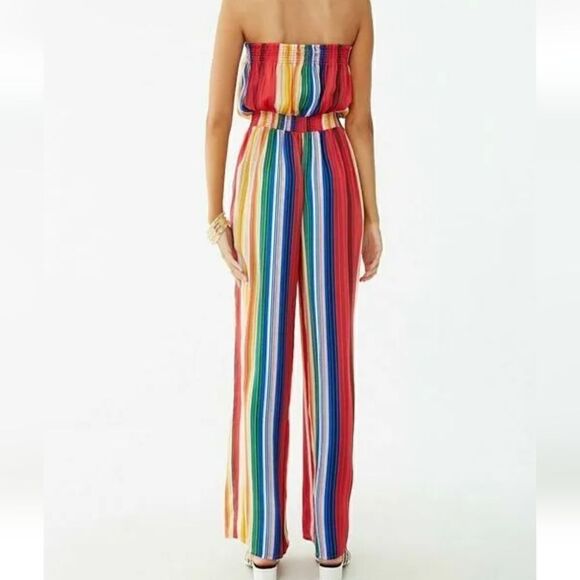 Forever21 Multicolored Stripe Strapless Silk like Jumpsuit Sz Small - Picture 2 of 11